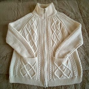 Aran Sweater Market I  White Hand ‎Knit Zipper Cardigan with Pockets